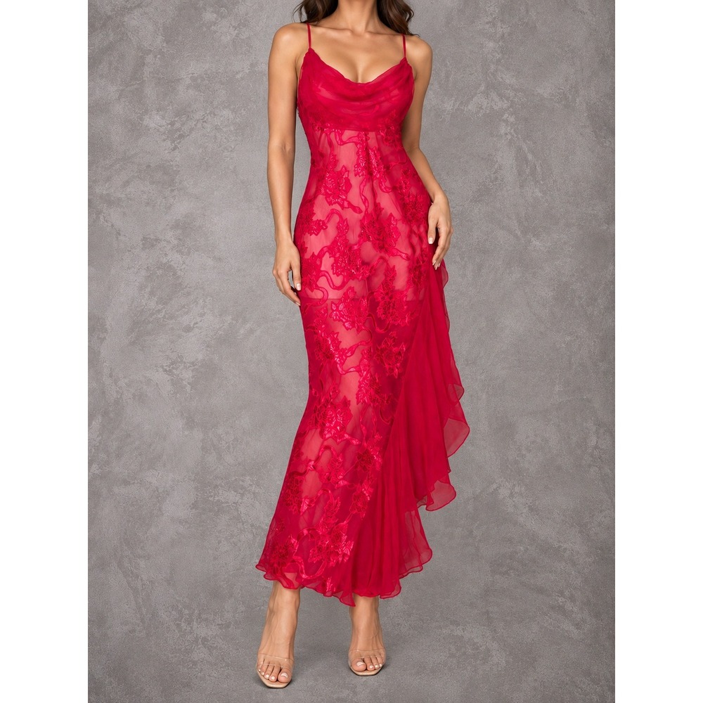Victoria's Secret Gold Label Slip Dress Womens Small Red Lace Cowl Dark Romance